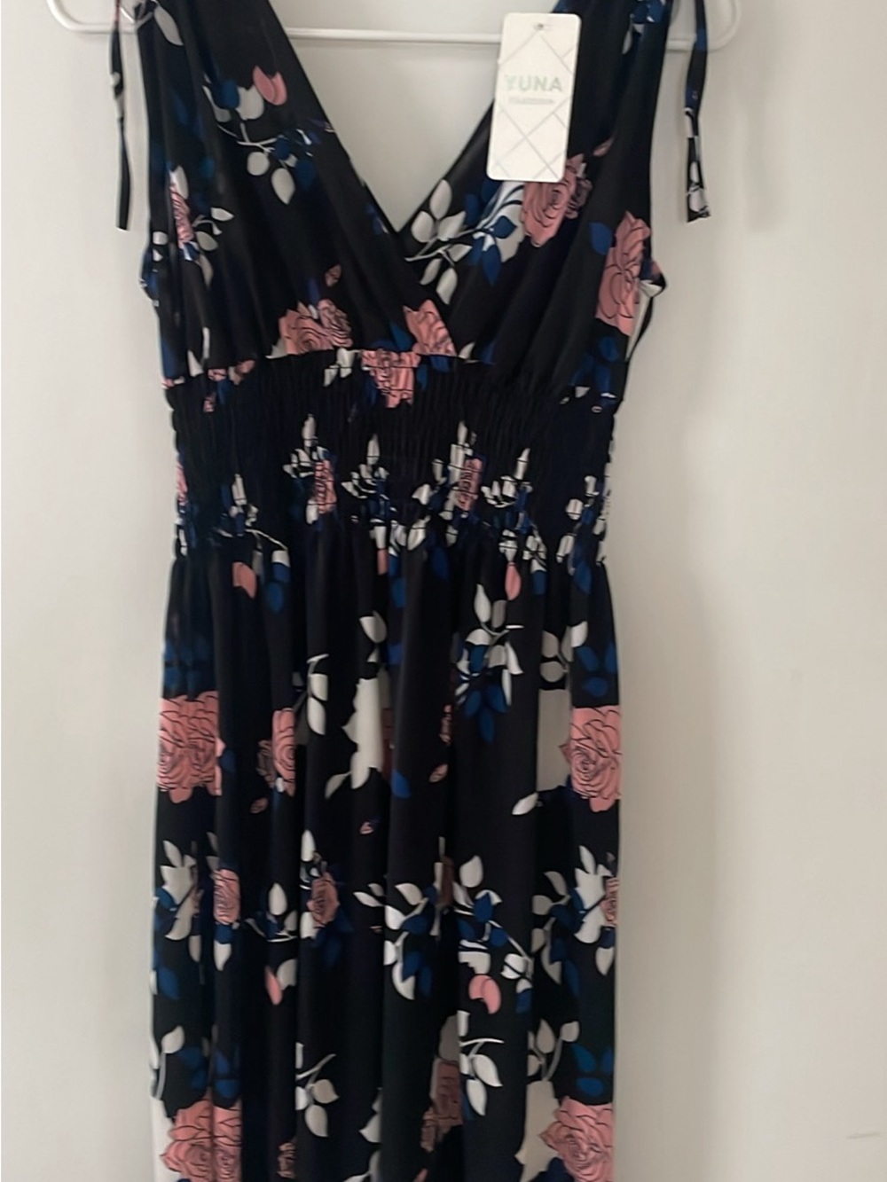 Black Floral Midi Dress with Pink & Blue Accents
